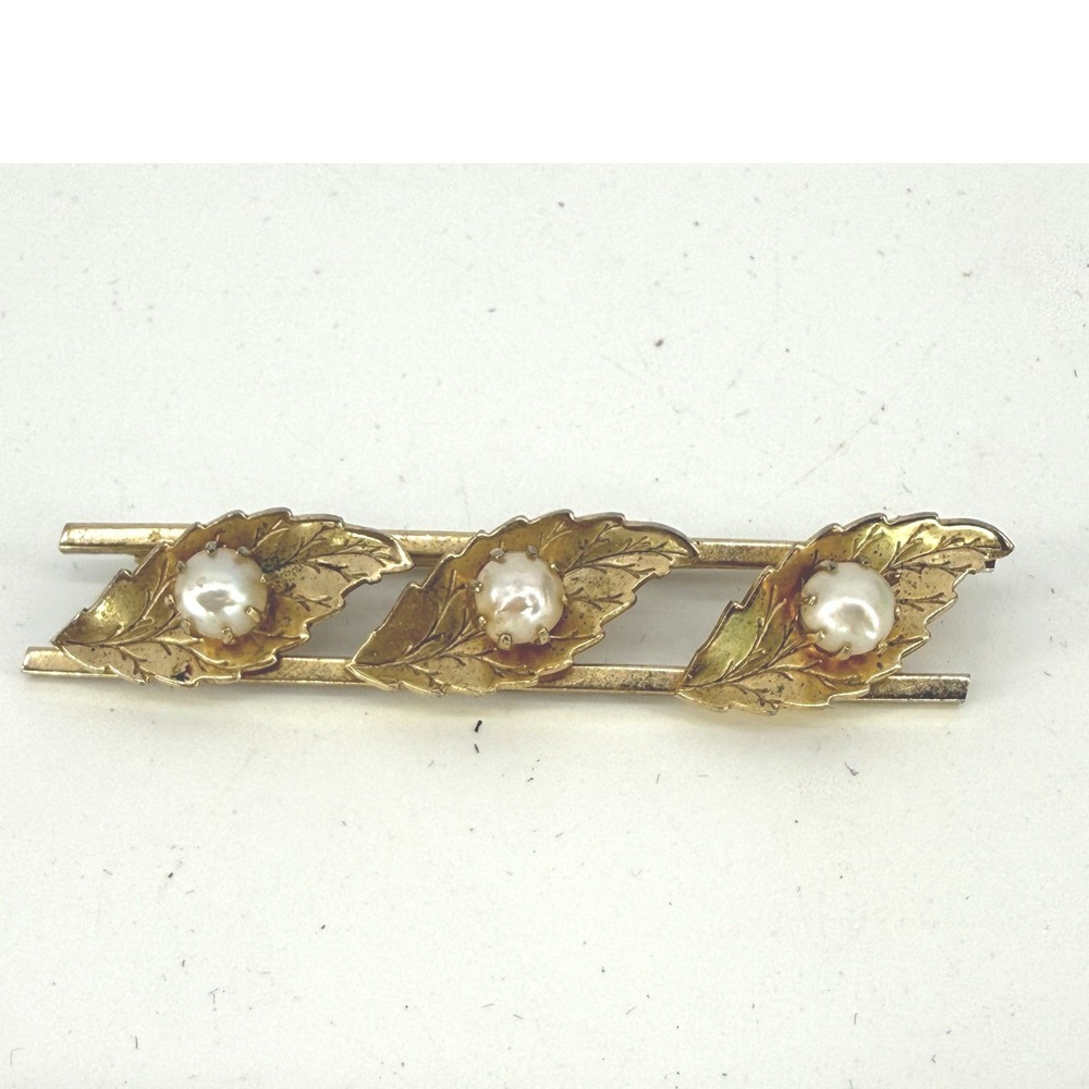 VINTAGE ESTATE Floral Leaf‎ Brooch Pin with Pearls Unsigned Long Straight